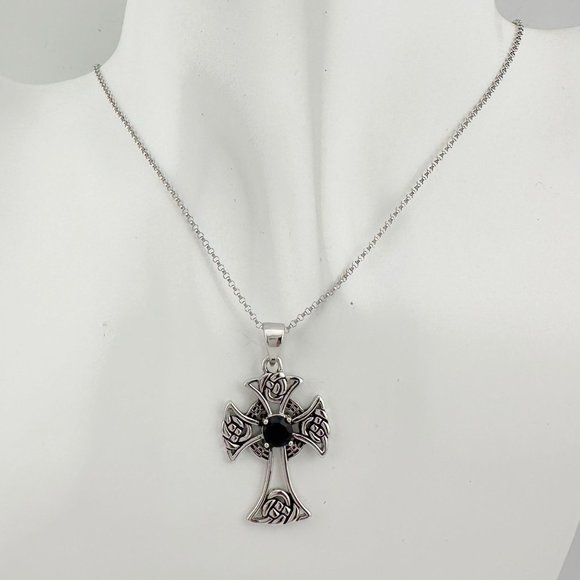 Bold Celtic Cross with Black Sapphire Center - Sterling Silver with 18" Chain - Picture 3 of 9